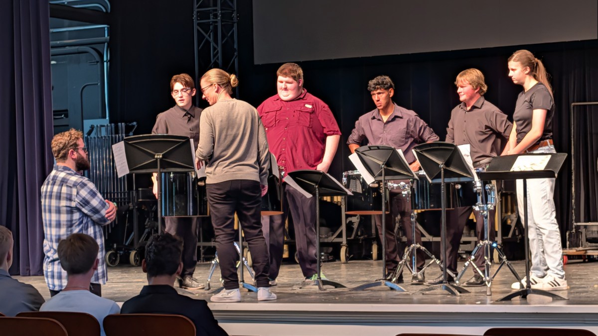 Brownwood High School Percussion Ensemble members work with Sandi Rennick, UNT Adjunct Faculty for Instrumental Studies and Percussion.