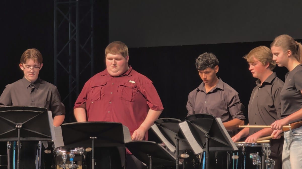 Brownwood High School Percussion Ensemble members perform “Re: Disaster” by Susan K. Powell.