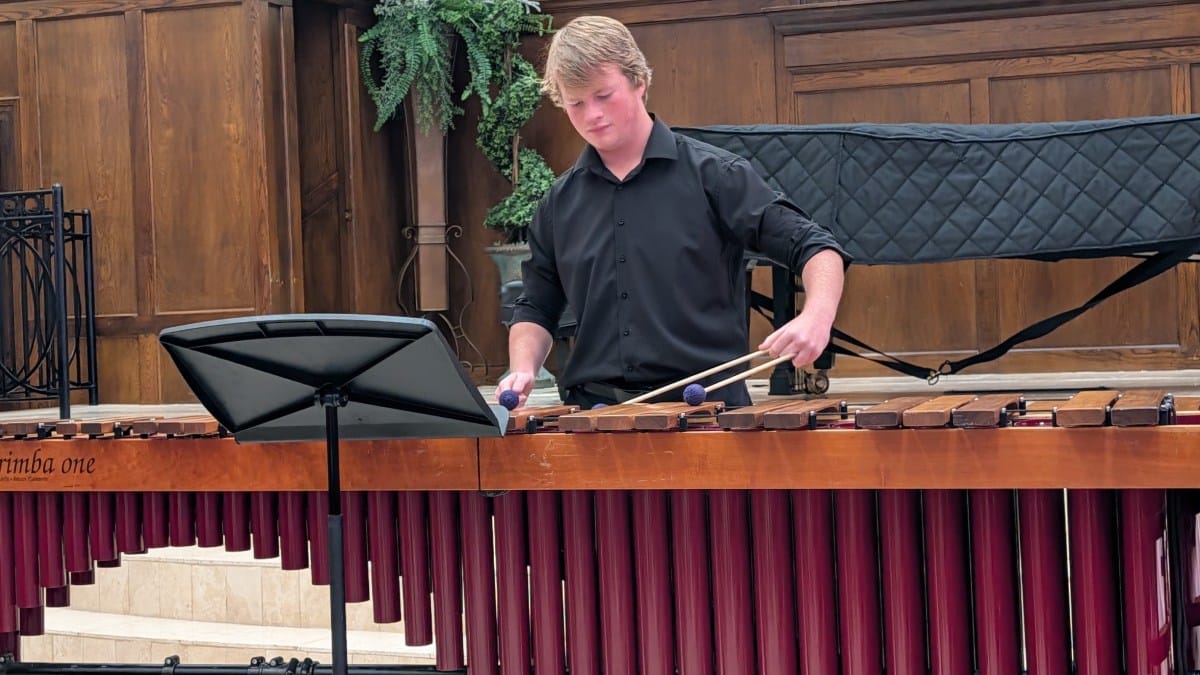 BHS percussionist Cooper Morgan delivers his performance during a session with UNT Percussion Coordinator Mark Ford.